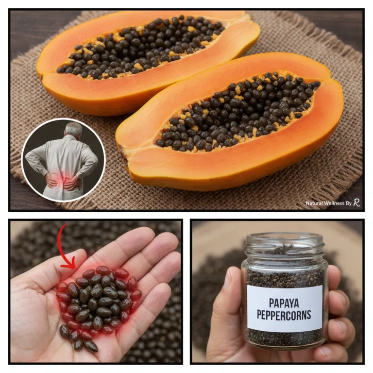 A close-up of fresh papaya seeds being scooped out of a ripe papaya with a rustic natural wellness aesthetic