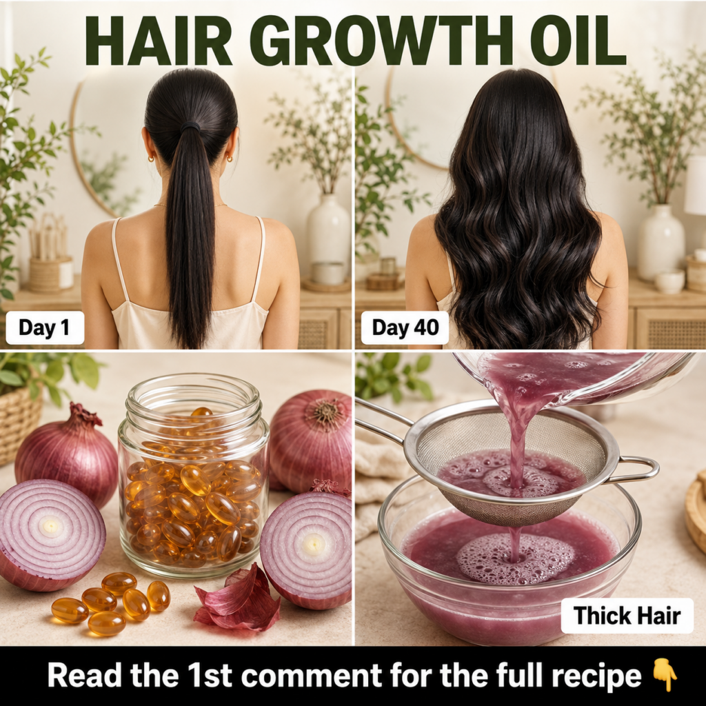 Before and after image showing a dramatic transformation from thin sparse hair to thick voluminous healthy hair on a wom