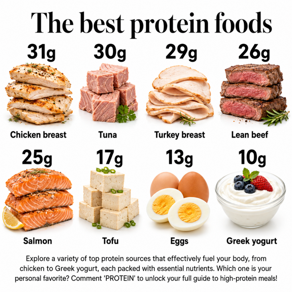 A vibrant flat lay image showcasing a variety of high-protein foods including cooked chicken breast salmon eggs Greek yo