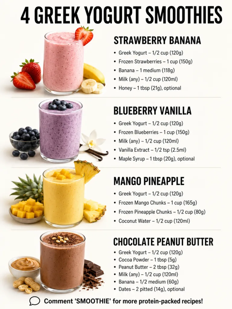 A vibrant display of four different protein-packed Greek yogurt smoothies in stylish glasses garnished with fresh fruits