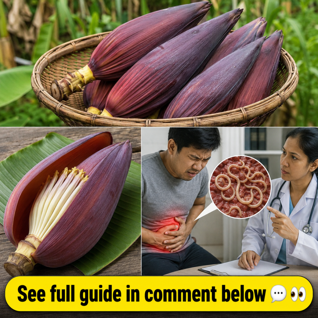 A fresh vibrant banana blossom on a rustic wooden surface with a green leaf or two nearby