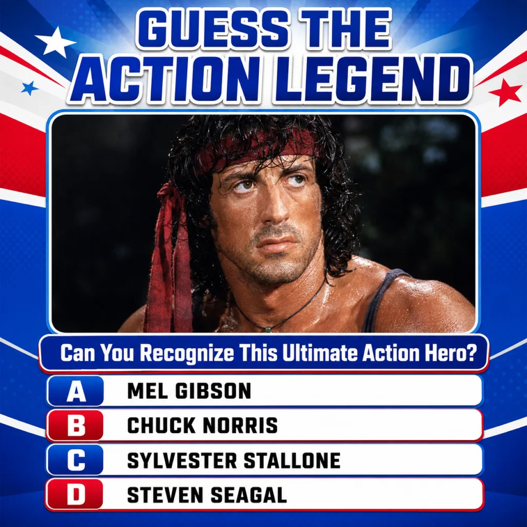 A quiz image asking viewers to identify an iconic action star The image should feature a close-up or prominent shot of A