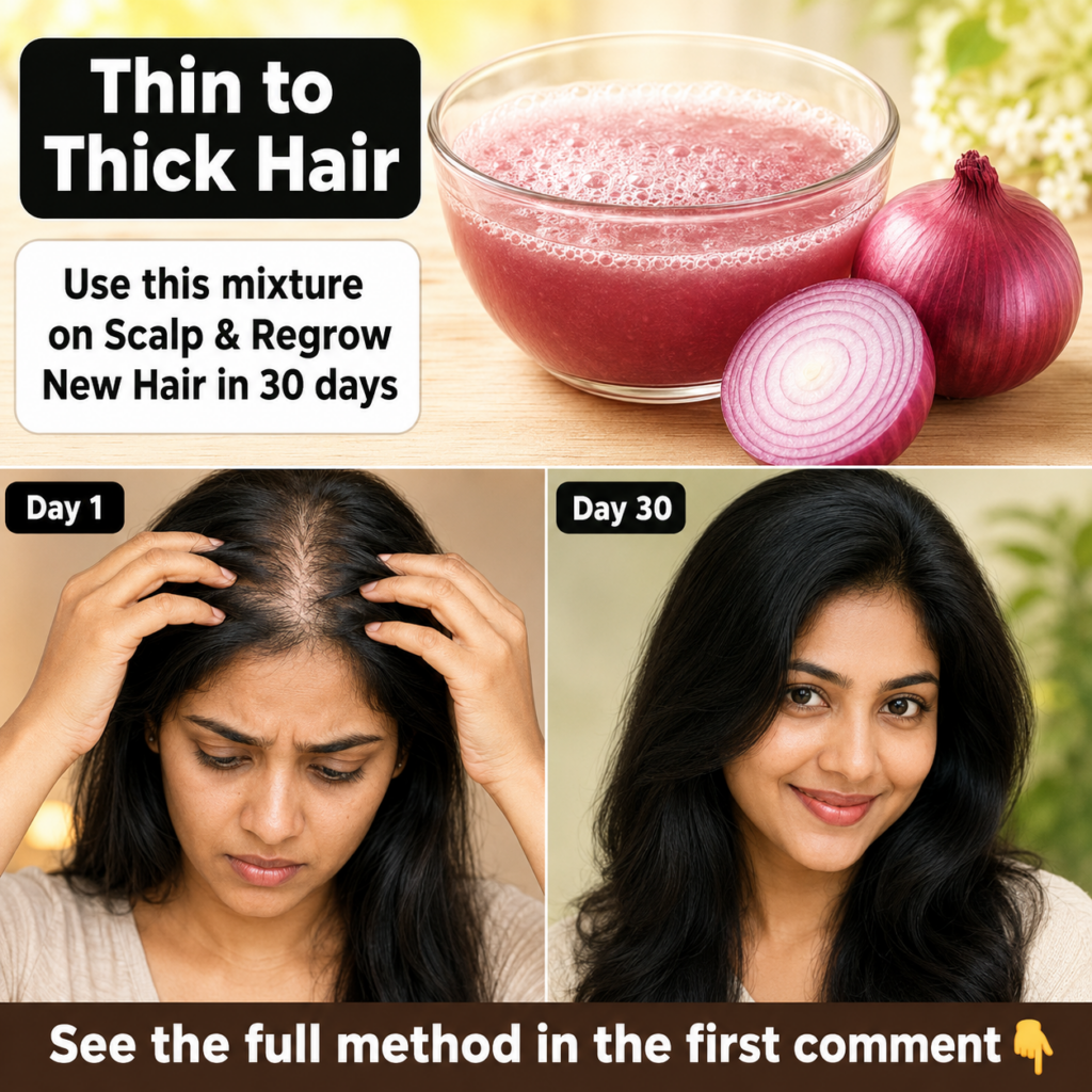 A woman smiling holding a freshly cut onion and a small bowl of onion juice with healthy thick hair visible The scene sh