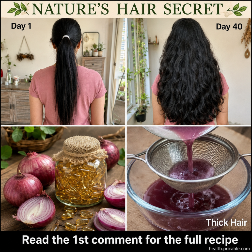 A split image showing a woman s hair before and after using red onion oil The before side shows thinner hair and the aft