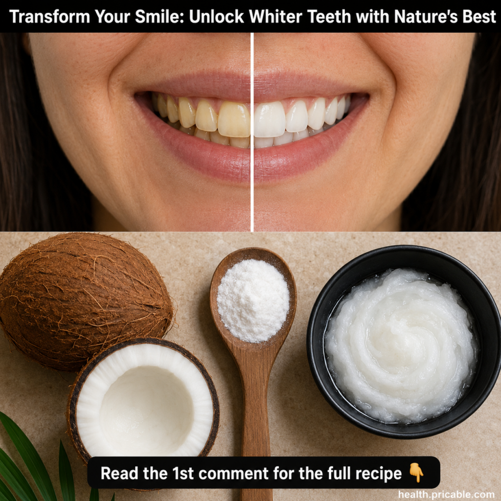 Ingredients for a natural teeth whitening paste a jar of coconut oil and a box of baking soda on a rustic wooden surface