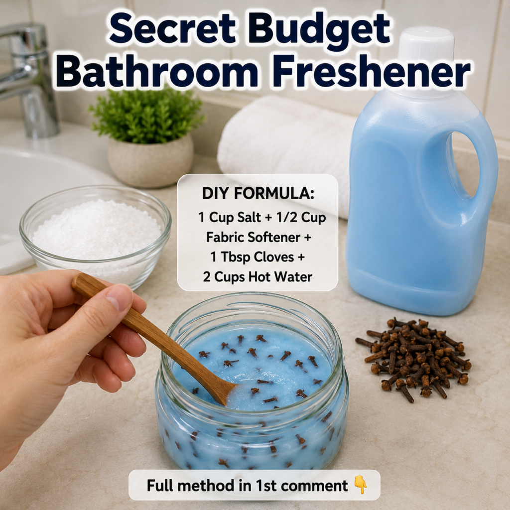 Ingredients and a prepared mix for a DIY home freshener showing salt fabric softener and whole cloves in a bowl