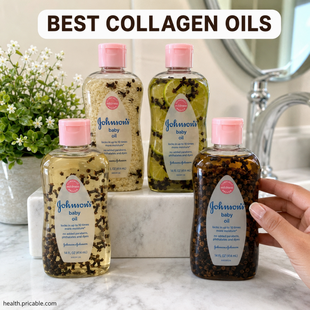 Ingredients laid out for DIY skin oil a bottle of Johnson s Baby Oil a small bottle of Vitamin E oil and a small glass b