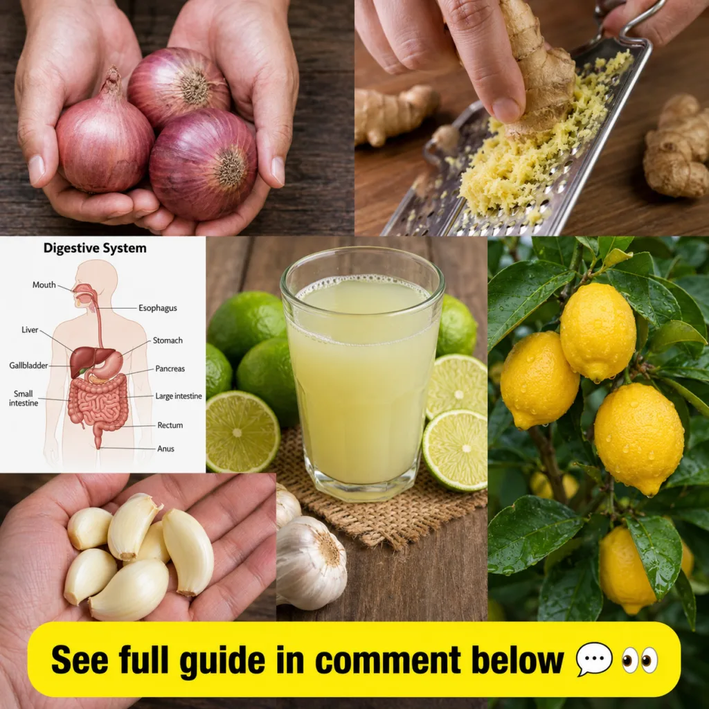 A trio of fresh lemons a whole onion and a head of garlic arranged aesthetically on a rustic wooden cutting board with a