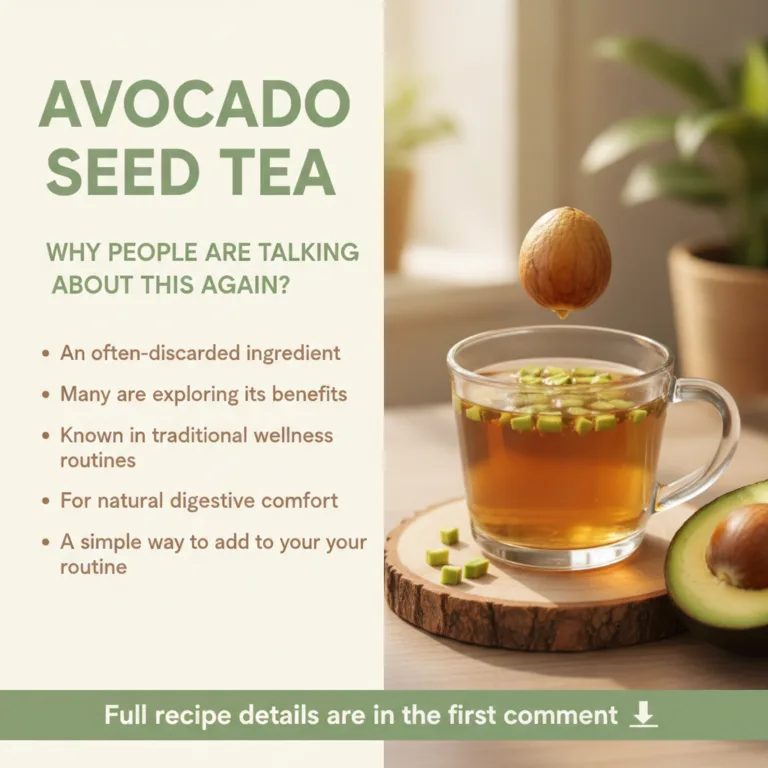 A sliced avocado with its pit clearly visible next to a cup of warm amber-colored avocado seed tea perhaps with steam ri