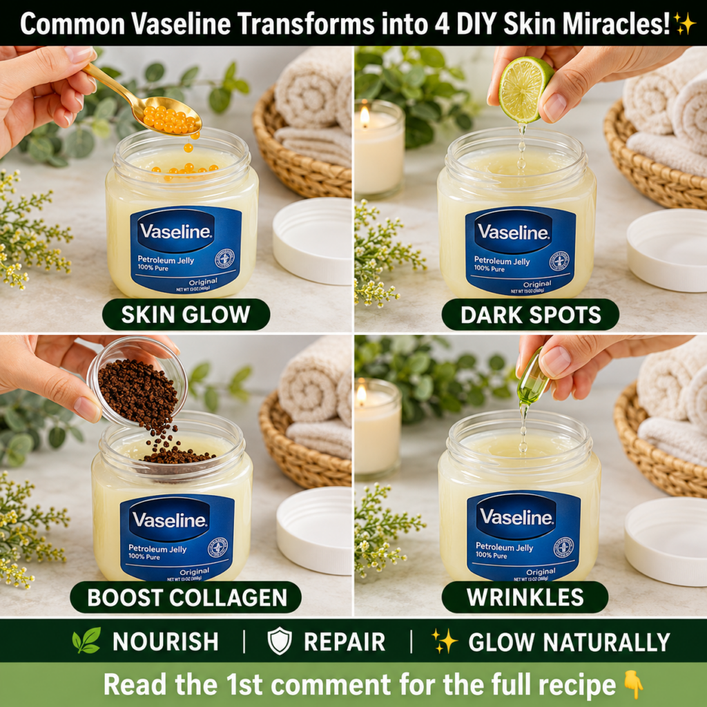 A jar of Vaseline surrounded by natural beauty ingredients like honey aloe vera lemon slices and small bowls of DIY mixt