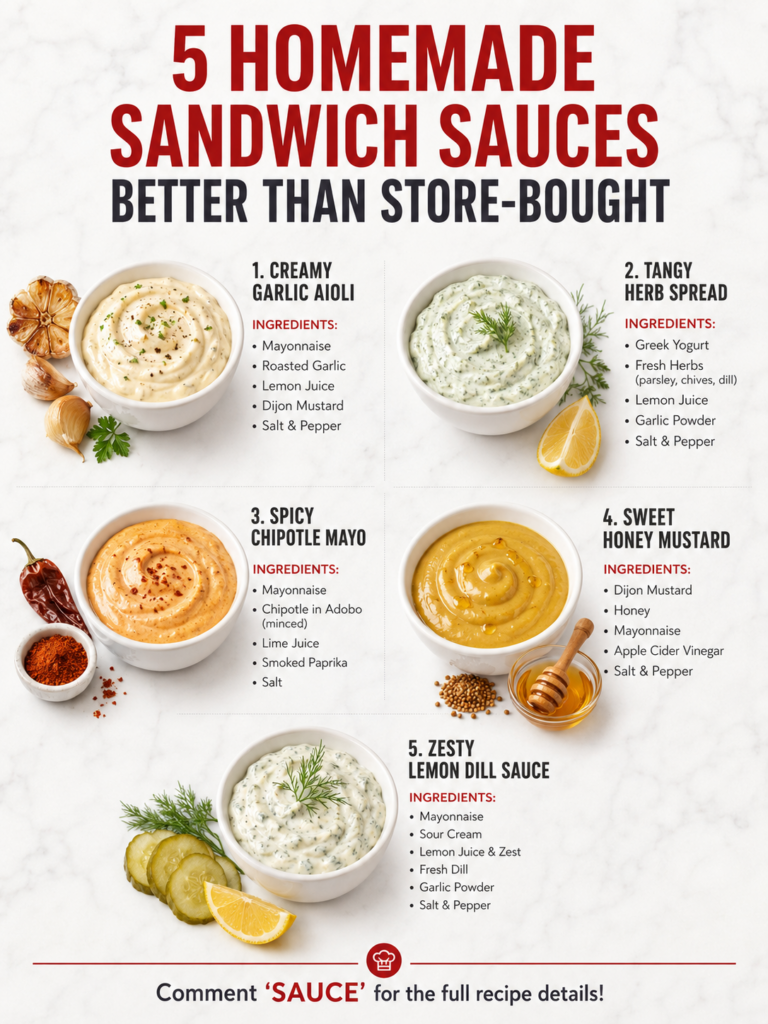 A vibrant assortment of five different homemade sandwich sauces in small bowls arranged next to a freshly made sandwich 
