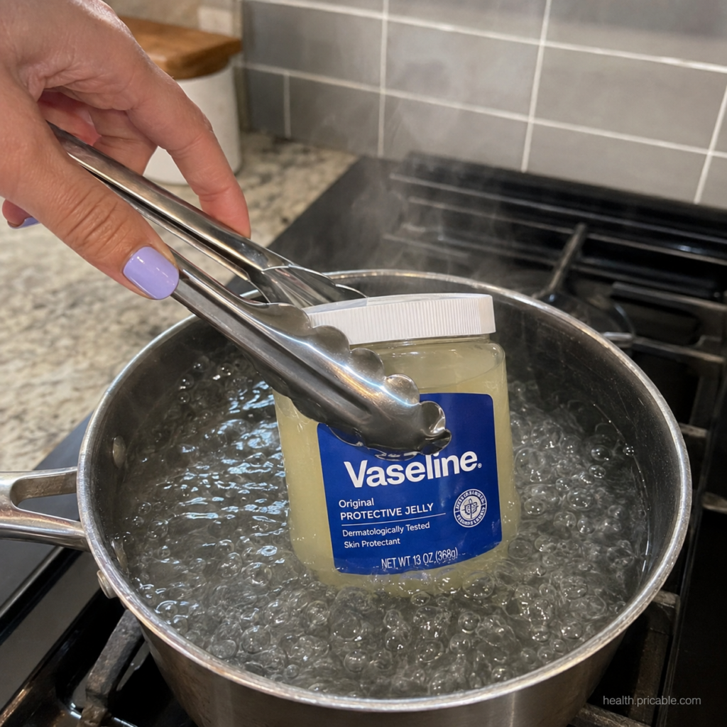 A small glass jar of petroleum jelly Vaseline next to a small bowl of yellow turmeric powder with a tiny spoon on a clea