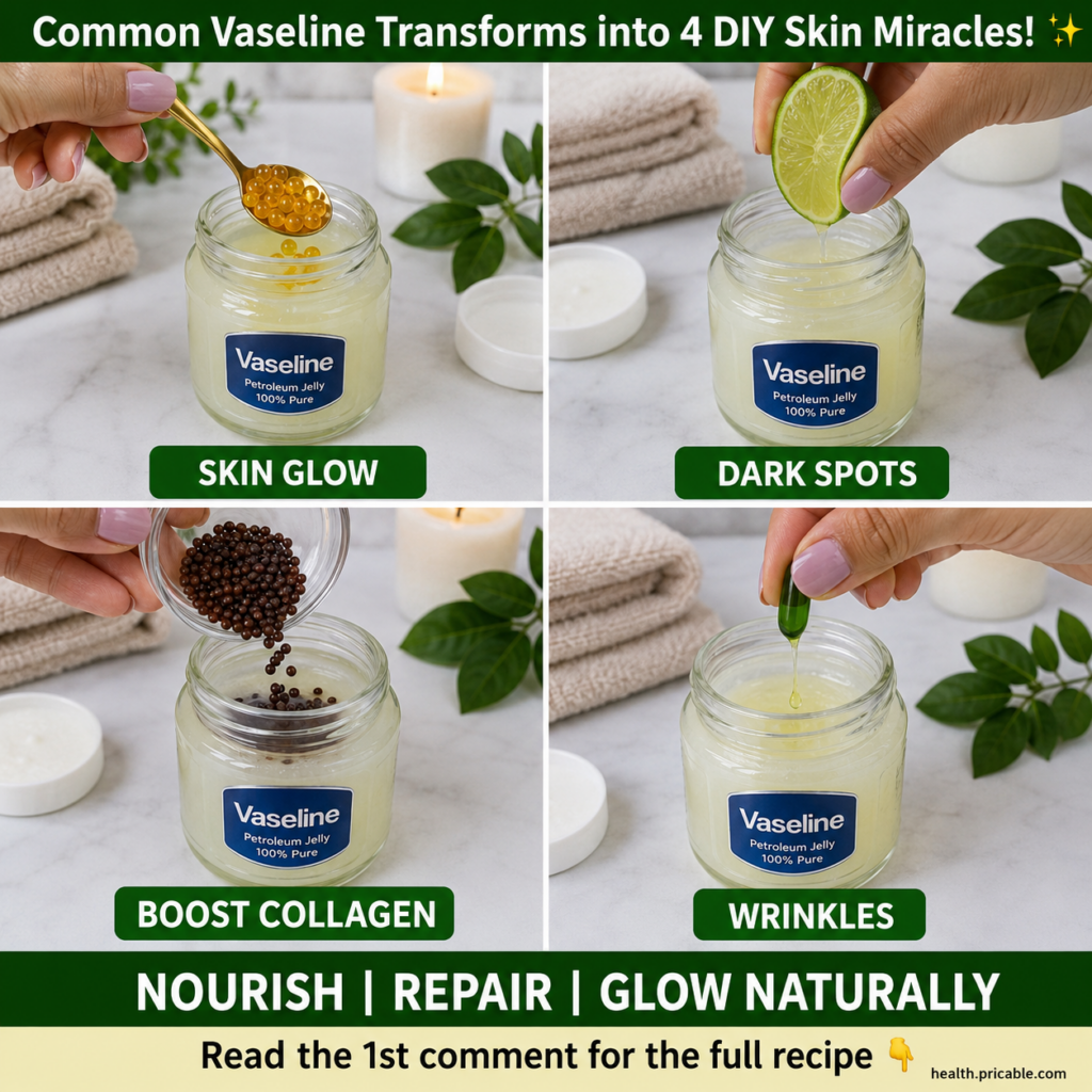A jar of Vaseline surrounded by common home beauty ingredients like aloe vera rosehip oil and vitamin E capsules on a cl