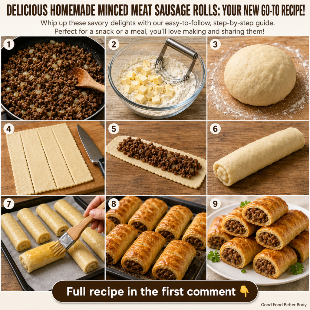 Close-up of golden brown freshly baked minced meat sausage rolls on a cooling rack some with a visible flaky pastry A bo