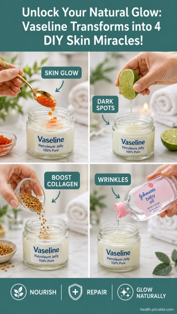 A collection of small jars of Vaseline and natural ingredients like honey aloe vera and almond oil with a glowing effect