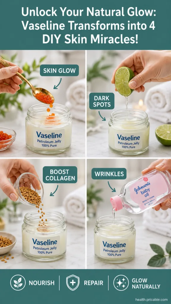 A collection of small jars of Vaseline and natural ingredients like honey aloe vera and almond oil with a glowing effect