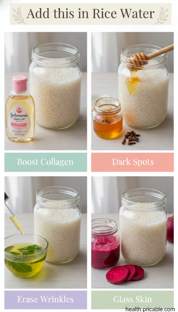 A close-up of a glass jar filled with cloudy fermented rice water with a small muslin cloth covering the top sitting on 