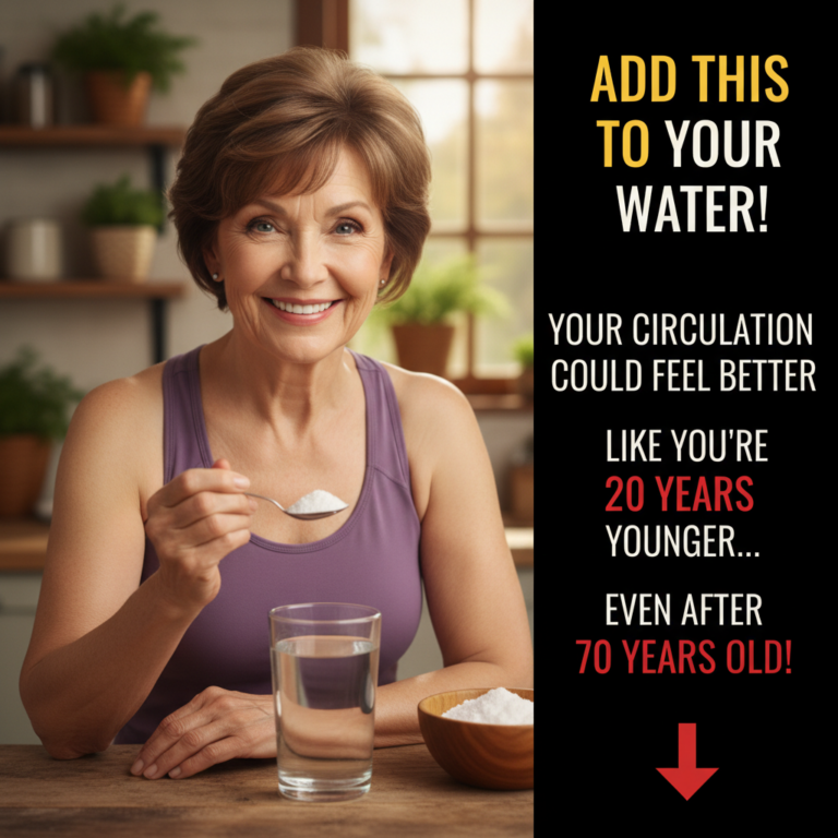 A vibrant 70-year-old woman smiling holding a glass of water with lemon slices in a bright natural kitchen setting