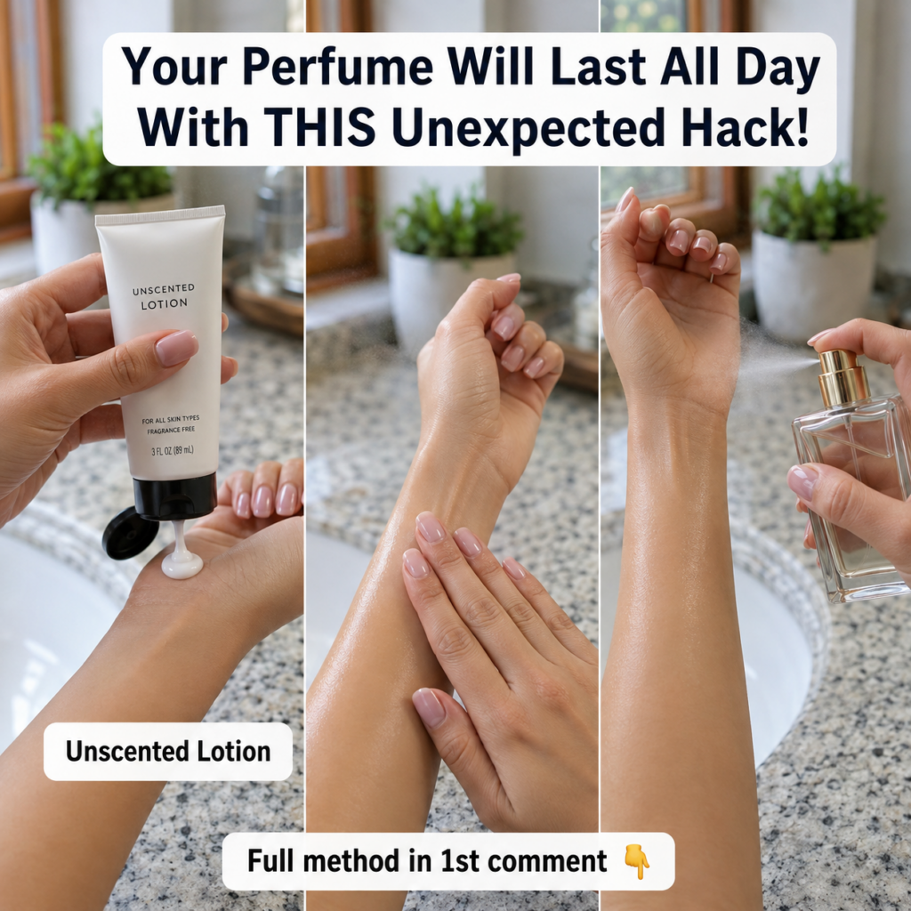 A hand applying petroleum jelly to a wrist before spraying perfume