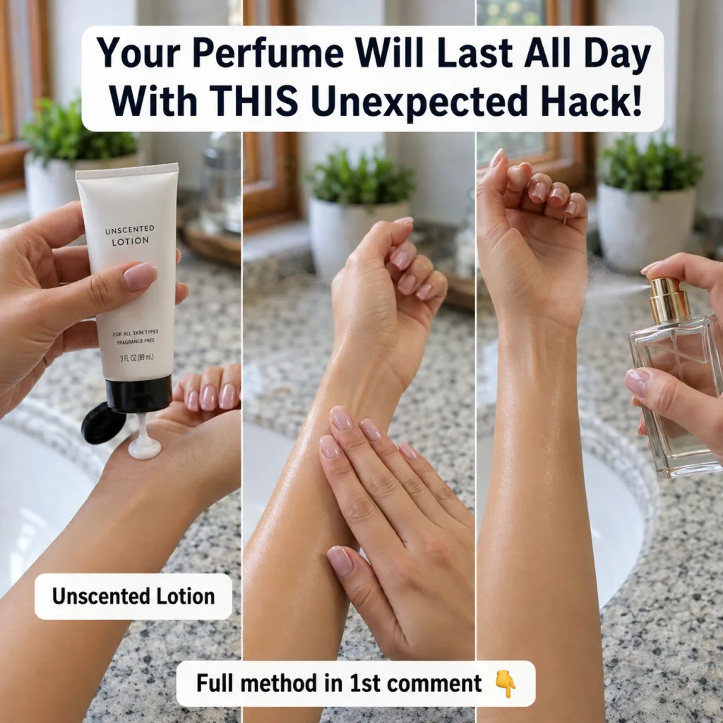 A hand applying petroleum jelly to a wrist before spraying perfume