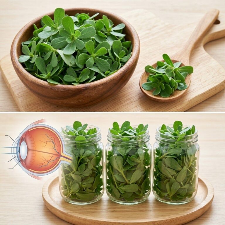 Fresh purslane in a rustic setting next to a diagram illustrating the human eye s anatomy