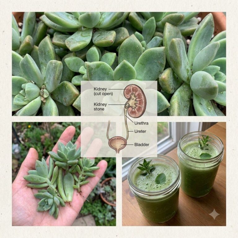 A collage showing vibrant green succulent plants a hand holding harvested succulent leaves two mason jars with frothy gr