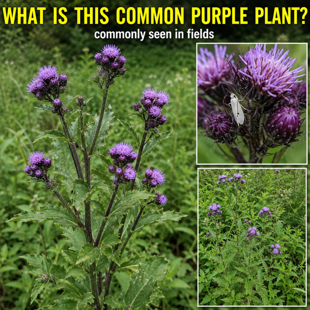 A composite image of Cyanthillium cinerium also known as Little Ironweed showing its spiky purple flower heads and green