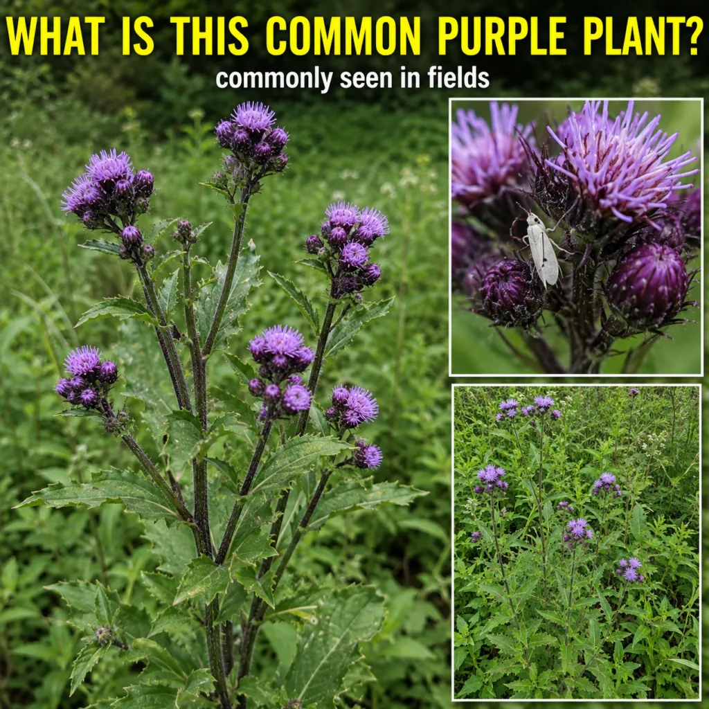 A composite image of Cyanthillium cinerium also known as Little Ironweed showing its spiky purple flower heads and green