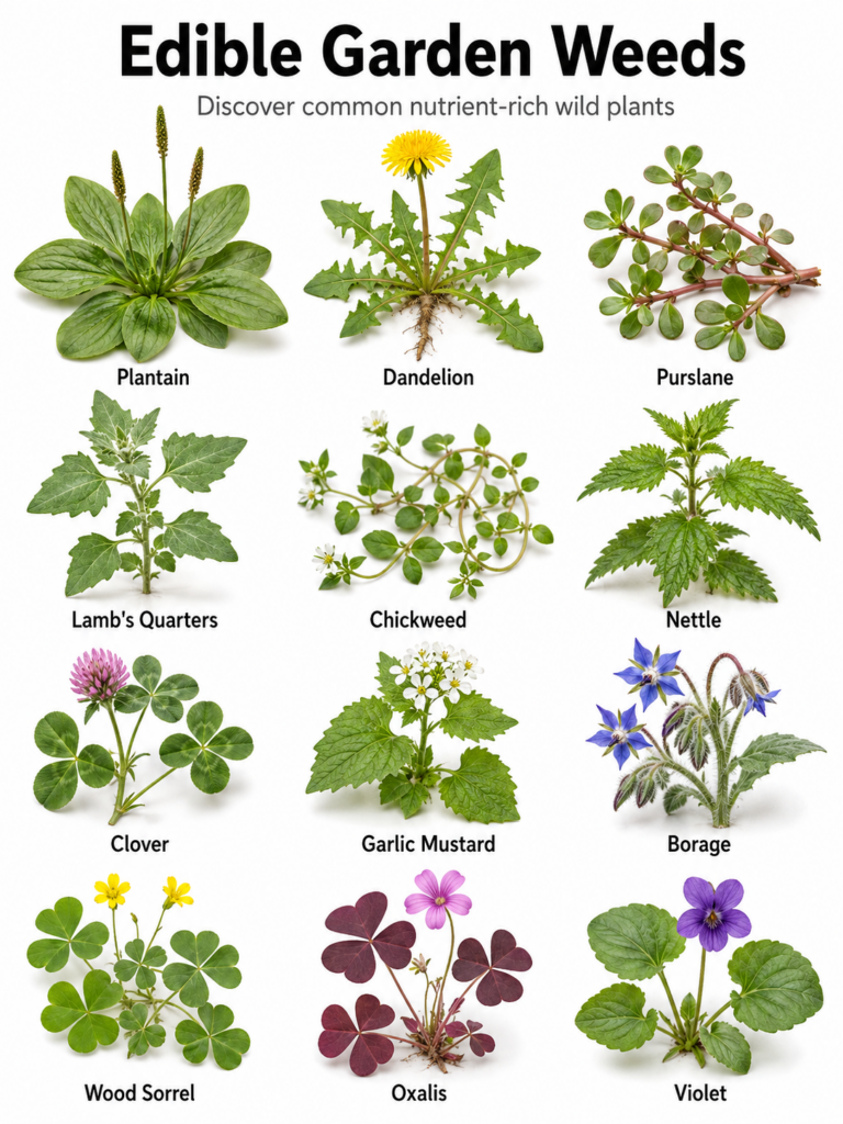 A grid of 12 different edible wild plants or weeds each clearly labeled with its common name against a clean white backg