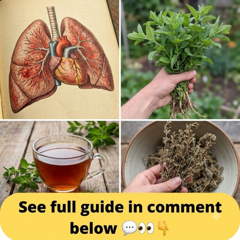 A 2x2 collage showing an anatomical illustration of lungs and heart a hand holding fresh mullein herbs with roots a hand