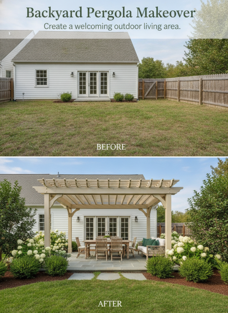A Before and After comparison of a backyard transformation The Before shows a plain lawn with a white house and wooden f