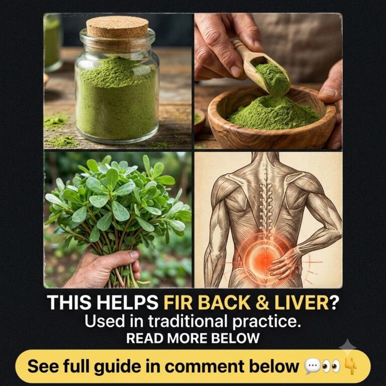 A four-panel collage showing fresh purslane dried purslane powder in a jar and hands scooping the powder subtly suggesti
