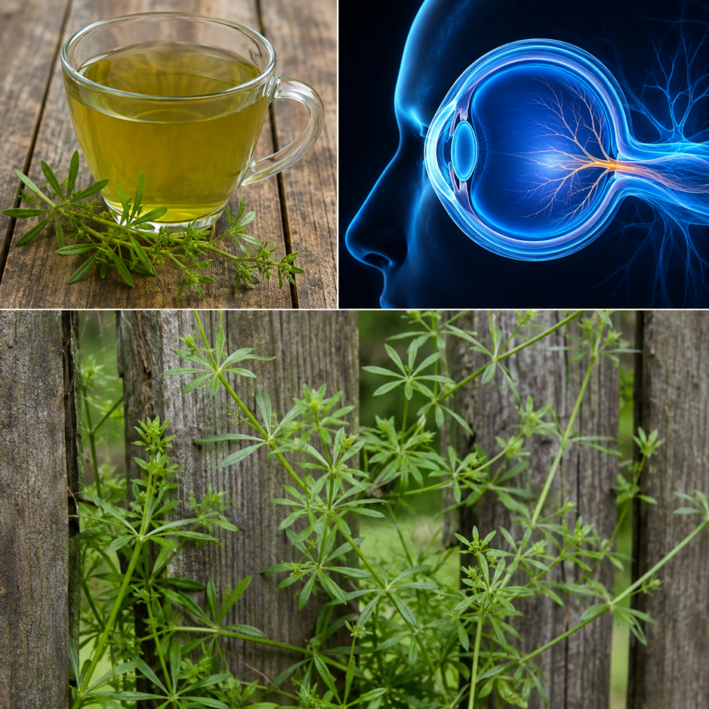 A three-panel collage showing a glass of cleavers tea a glowing anatomical diagram of a human eye and a close-up of the 