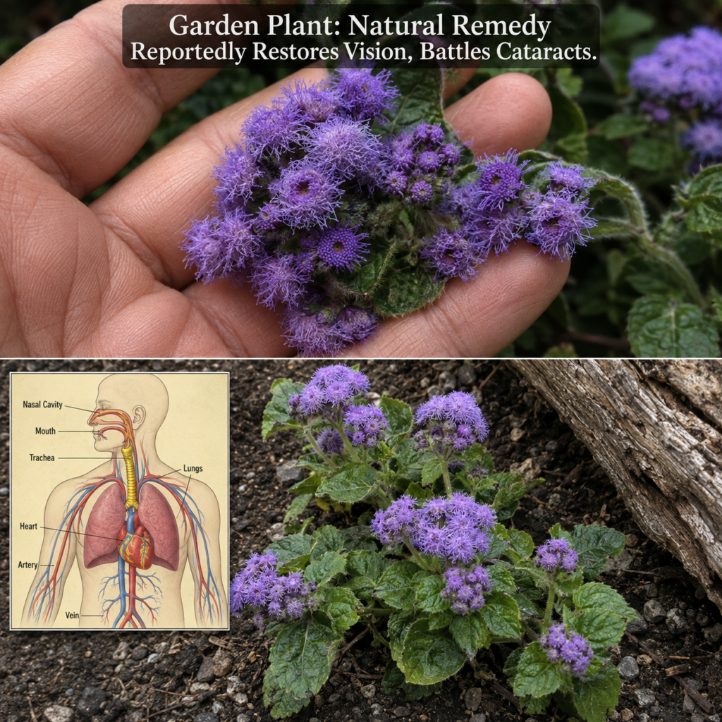 A close-up of a human hand gently cradling a cluster of vibrant fluffy purple eyebright flowers with green leaves convey