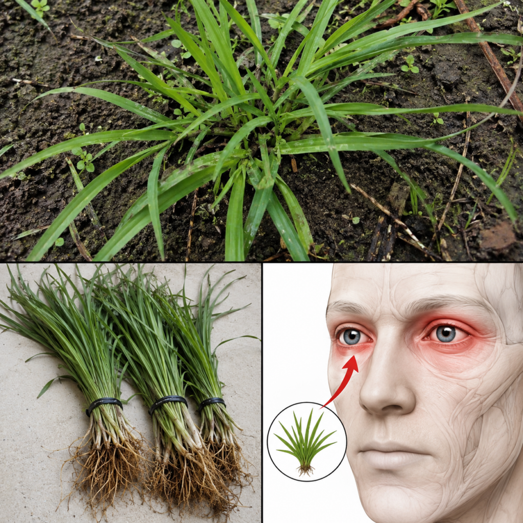 A three-panel collage showing a common grass-like plant in soil bundled harvested plants and a medical illustration of i