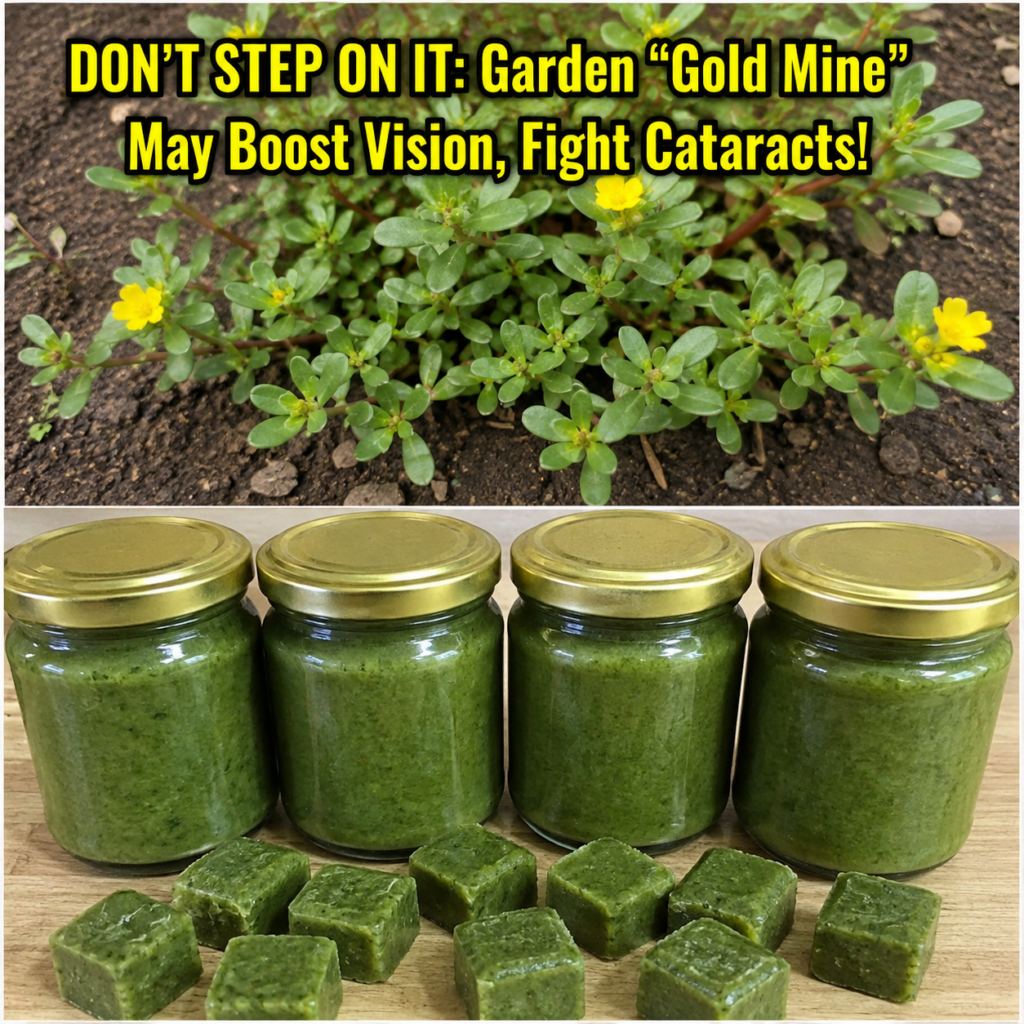 A purslane plant growing in soil with a clear glass jar of green purslane paste and small green cubes on a wooden surfac