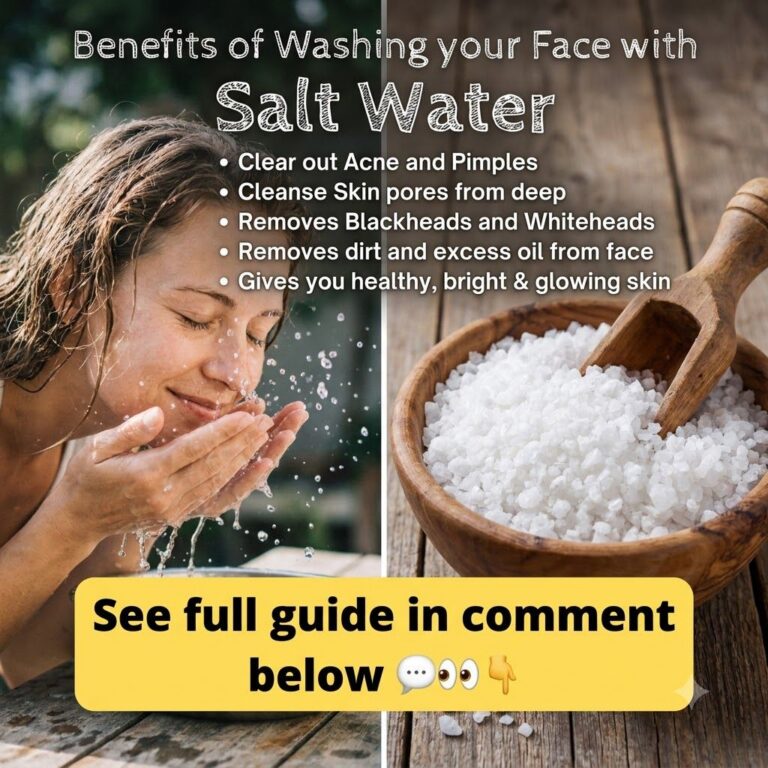 A split-screen image featuring a woman splashing water on her face on the left and a wooden bowl of coarse white salt wi