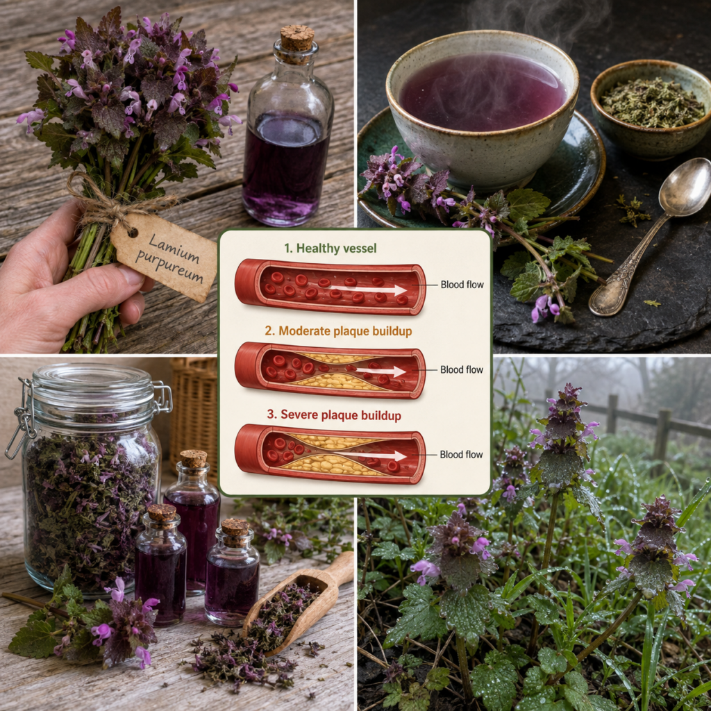 A collage showing fresh and dried Purple Dead-nettle plant with its distinctive purple flowers alongside a cup of steami