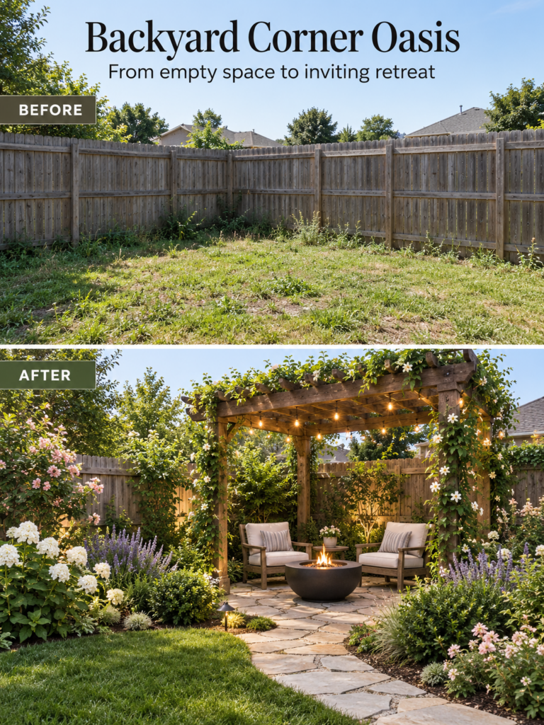 A before-and-after image showing a dramatic transformation of a backyard corner The BEFORE shows an empty grassy unkempt