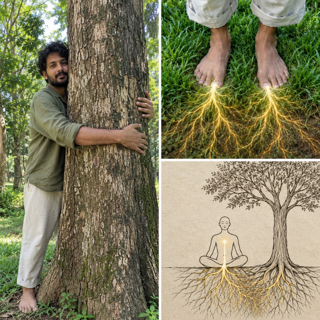 A collage illustrating Earthing with a man hugging a tree barefoot bare feet on grass with glowing roots connecting to t