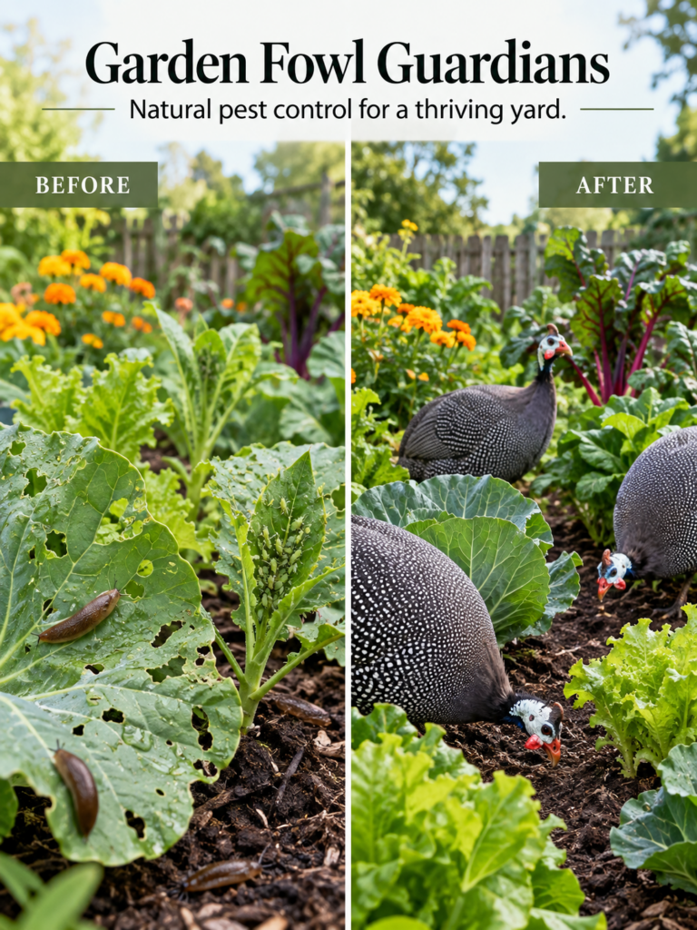 A Before and After split image showing a garden bed The Before side shows pest-damaged leafy greens with visible slugs a