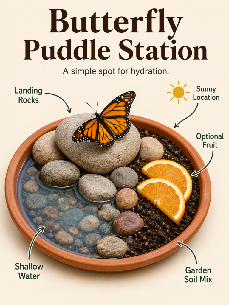 A beautiful shallow terracotta pot functioning as a butterfly puddle station with smooth river rocks and shallow water o