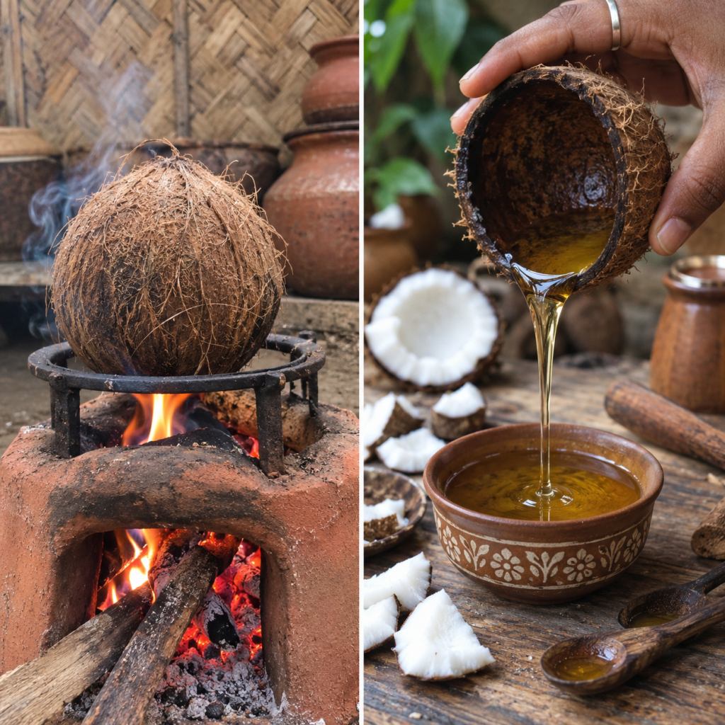 A diptych showing the traditional process of coconut oil extraction on the left a whole coconut on a grate over a wood f