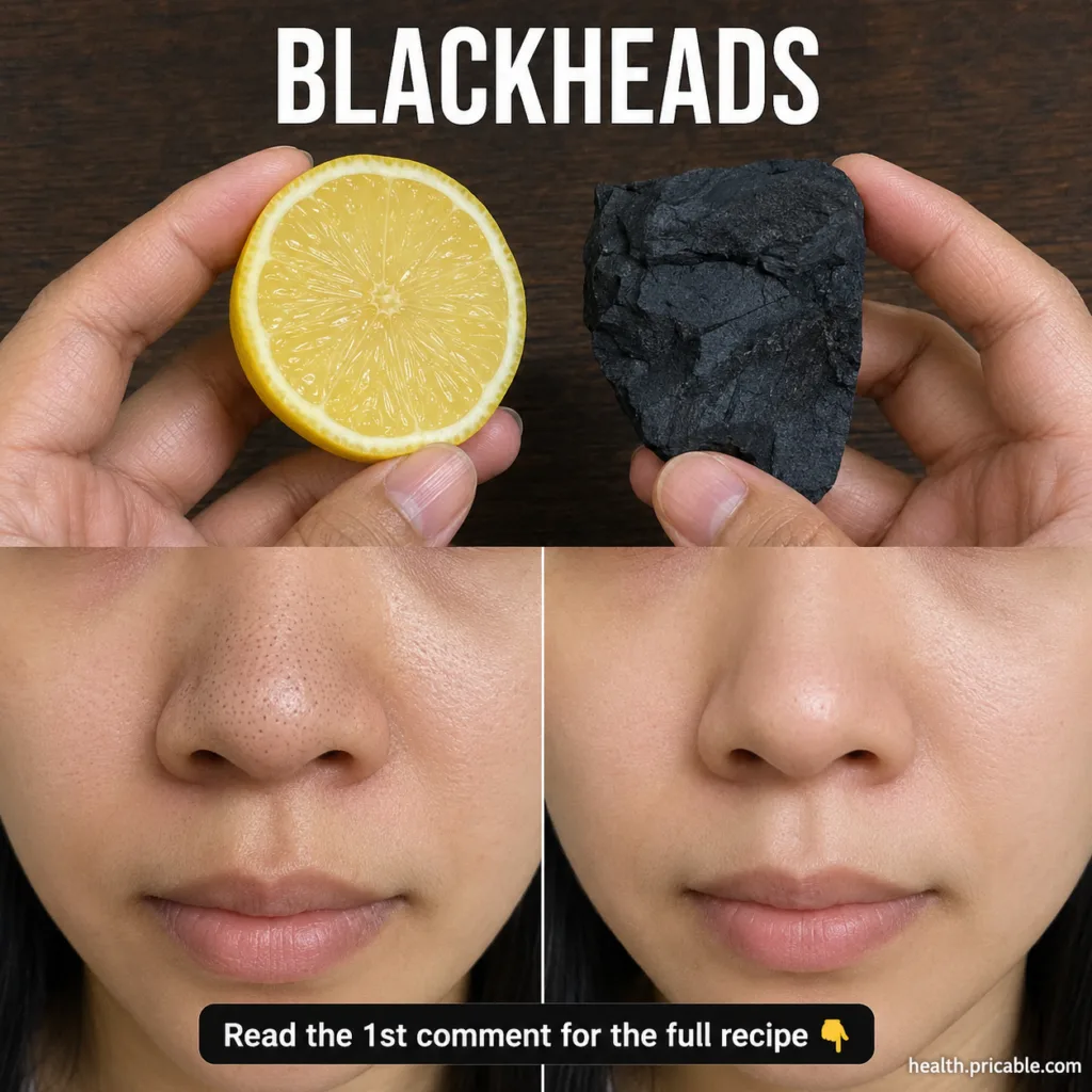 Two hands holding a freshly cut lemon half and a piece of activated charcoal against a dark wooden background with BLACK