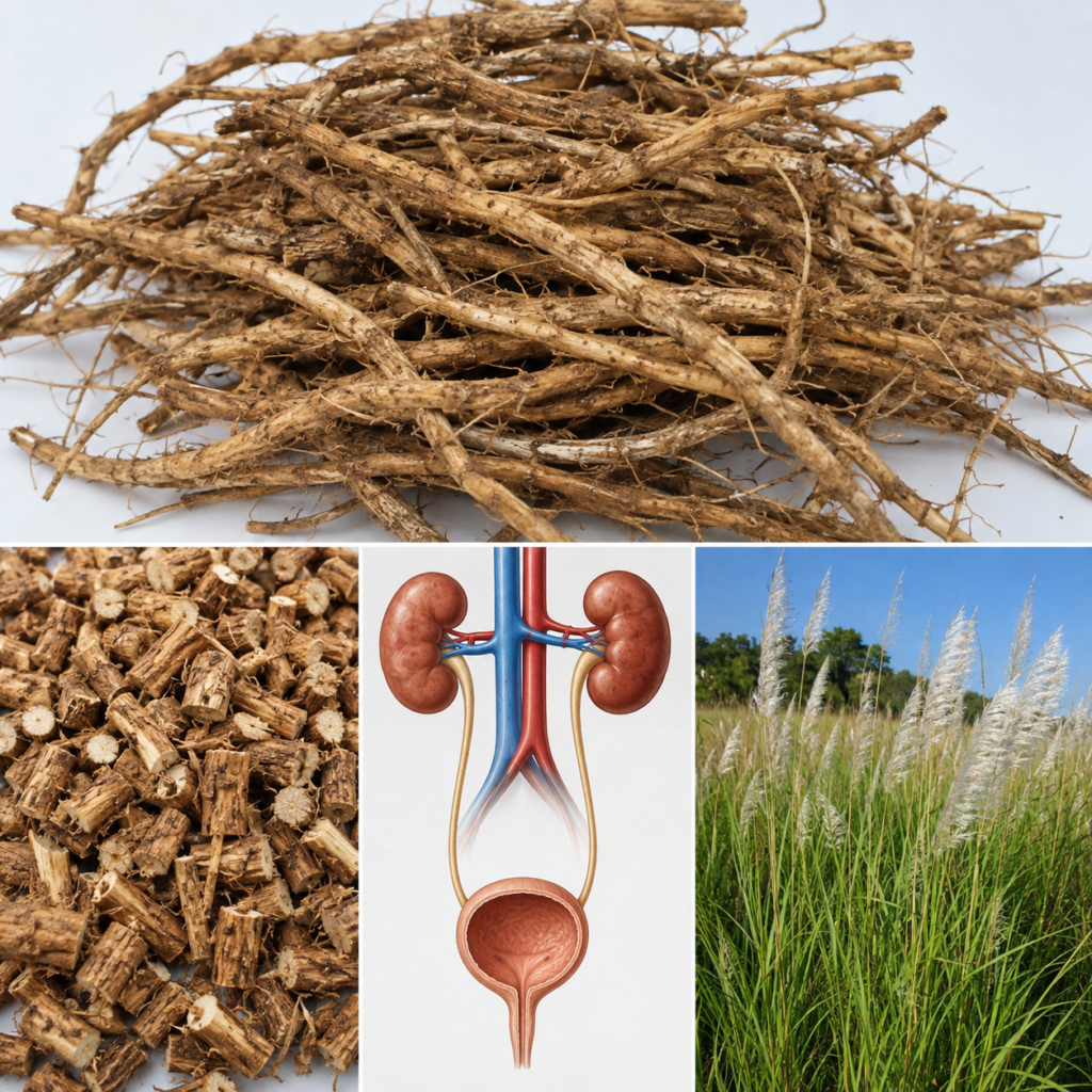 A pile of dried Cogon grass roots with a medical illustration of the human urinary system superimposed or nearby highlig
