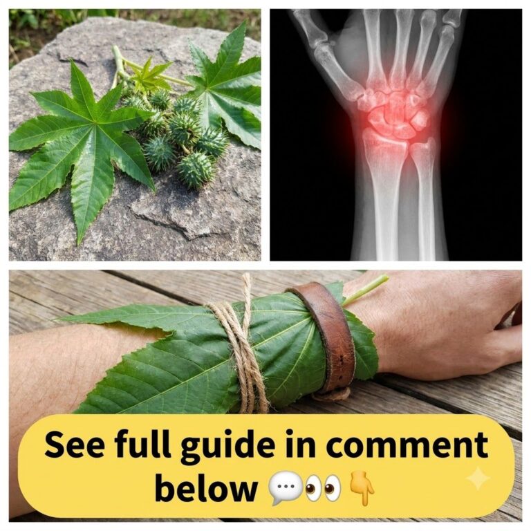 A multi-panel collage featuring a castor oil plant with leaves and seed pods an X-ray of an inflamed wrist and a forearm