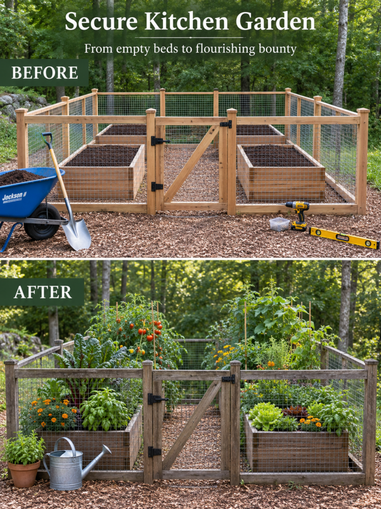A diptych showing a Before and After comparison of a secure kitchen garden The Before side shows an empty newly built fe