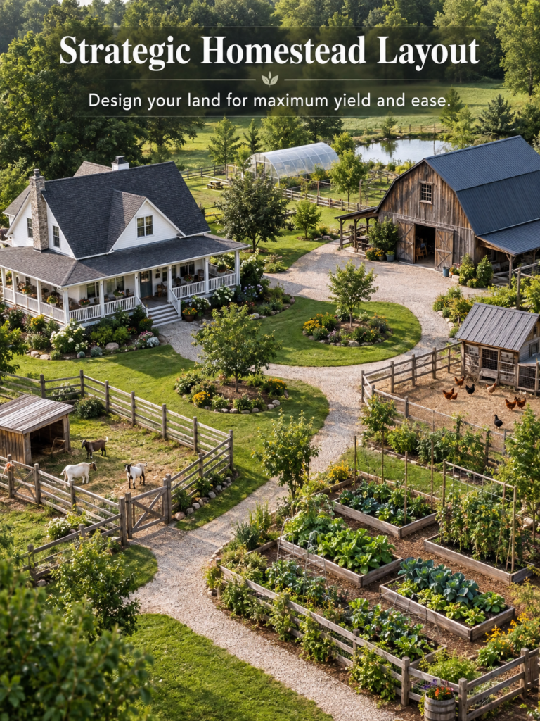 An aerial view of a meticulously designed homestead with a white farmhouse barn raised garden beds fenced areas for goat