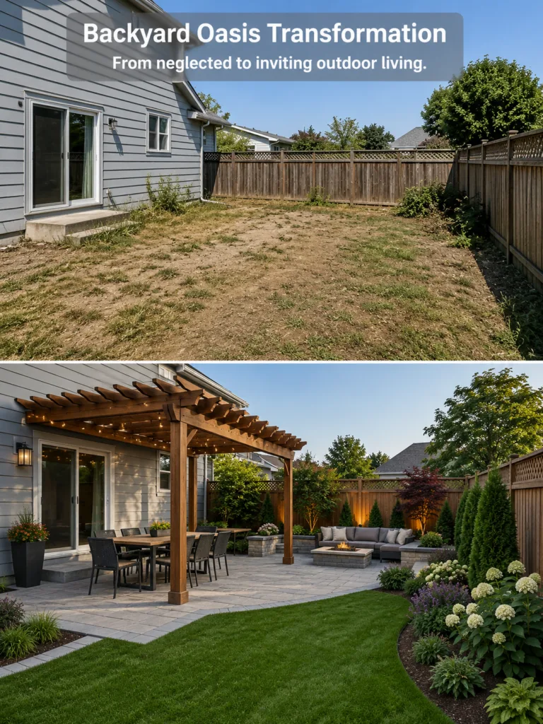 A before and after split image showing a neglected backyard transformed into a luxurious outdoor living space with a din