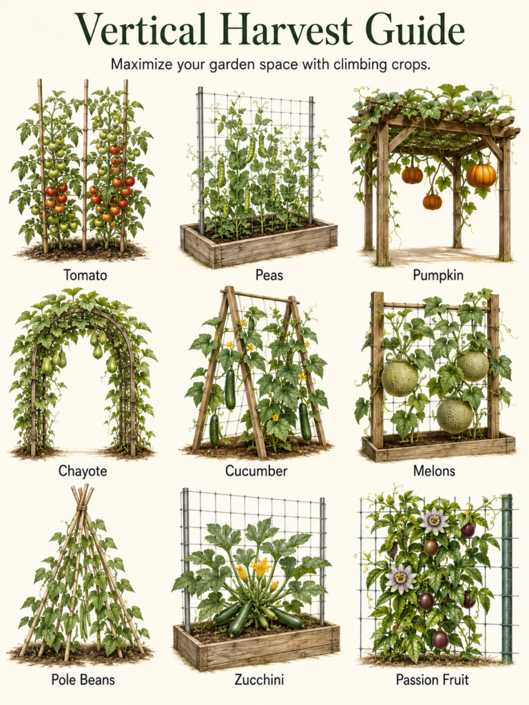 A visual guide illustrating nine different climbing crops like tomatoes peas pumpkins and melons each supported by a sui
